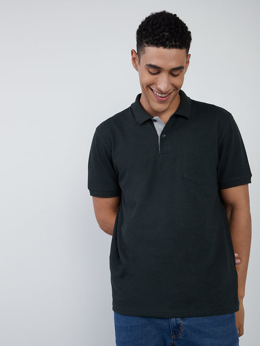 WES Casuals Dark Green Cotton Blend Slim-Fit Polo T-Shirt