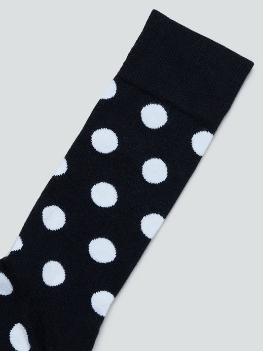 WES Lounge Black Polka-Dotted Socks | Black Polka-Dotted Socks for Men Close Up View - Westside