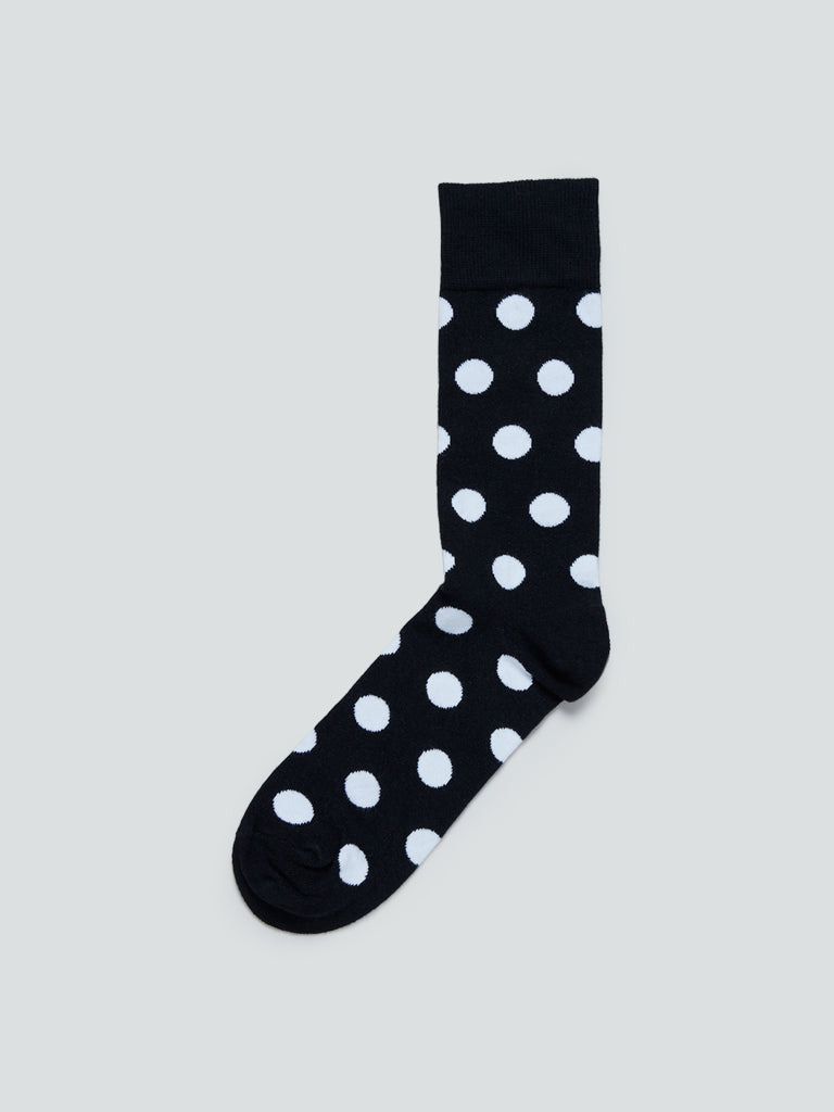 WES Lounge Black Polka-Dotted Socks | Black Polka-Dotted Socks | Black Polka-Dotted Socks for Men Front View - Westside
