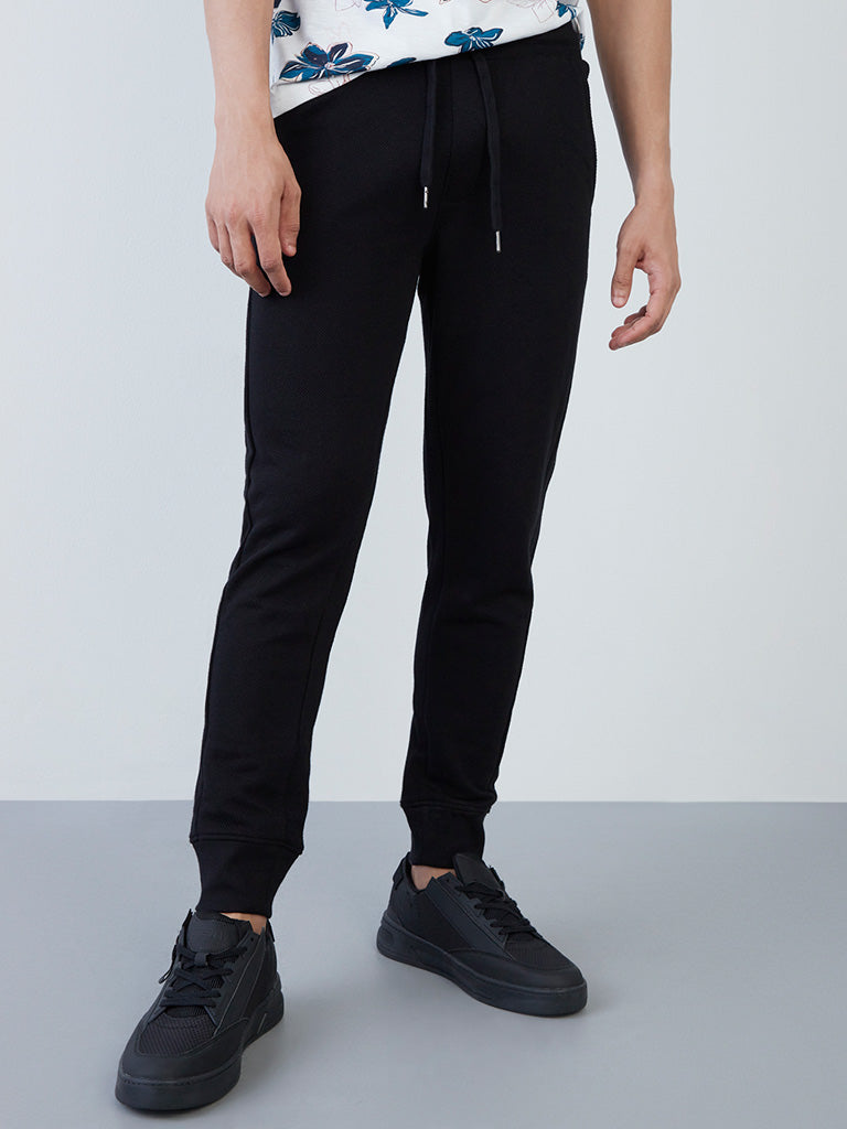 ETA Black Self-Textured Cotton Blend Slim-Fit Joggers