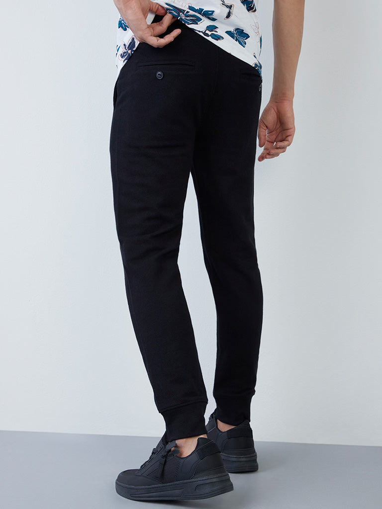 ETA Black Self-Textured Cotton Blend Slim-Fit Joggers