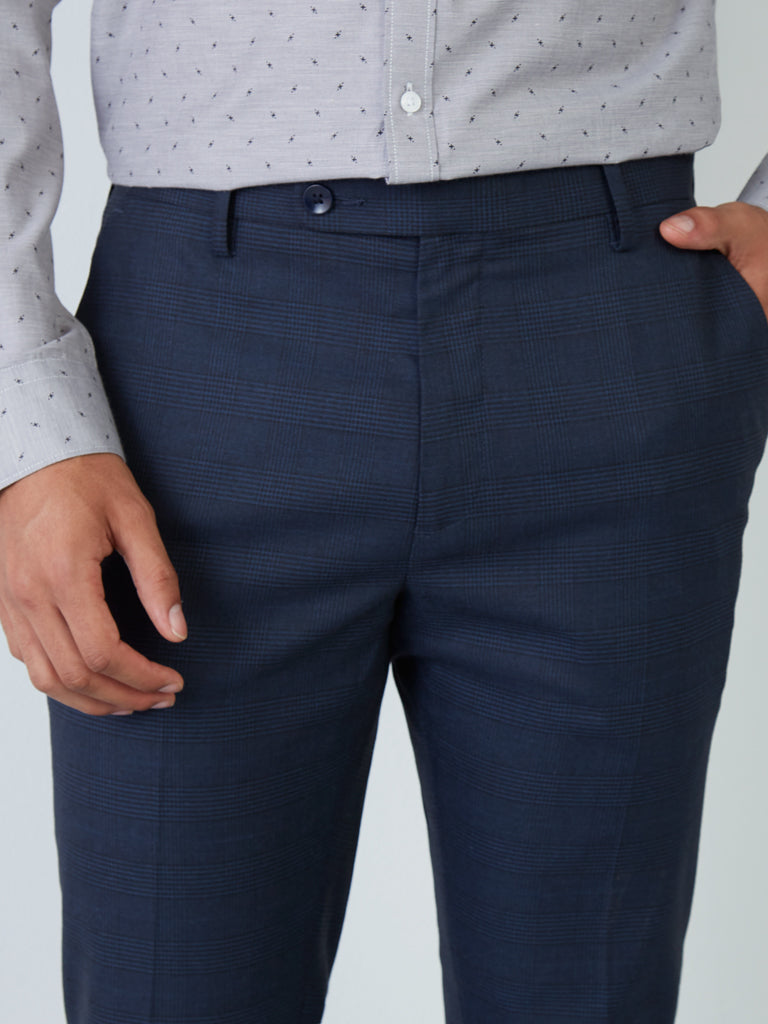 WES Formals Navy Carrot-Fit Checkered Trousers - Westside