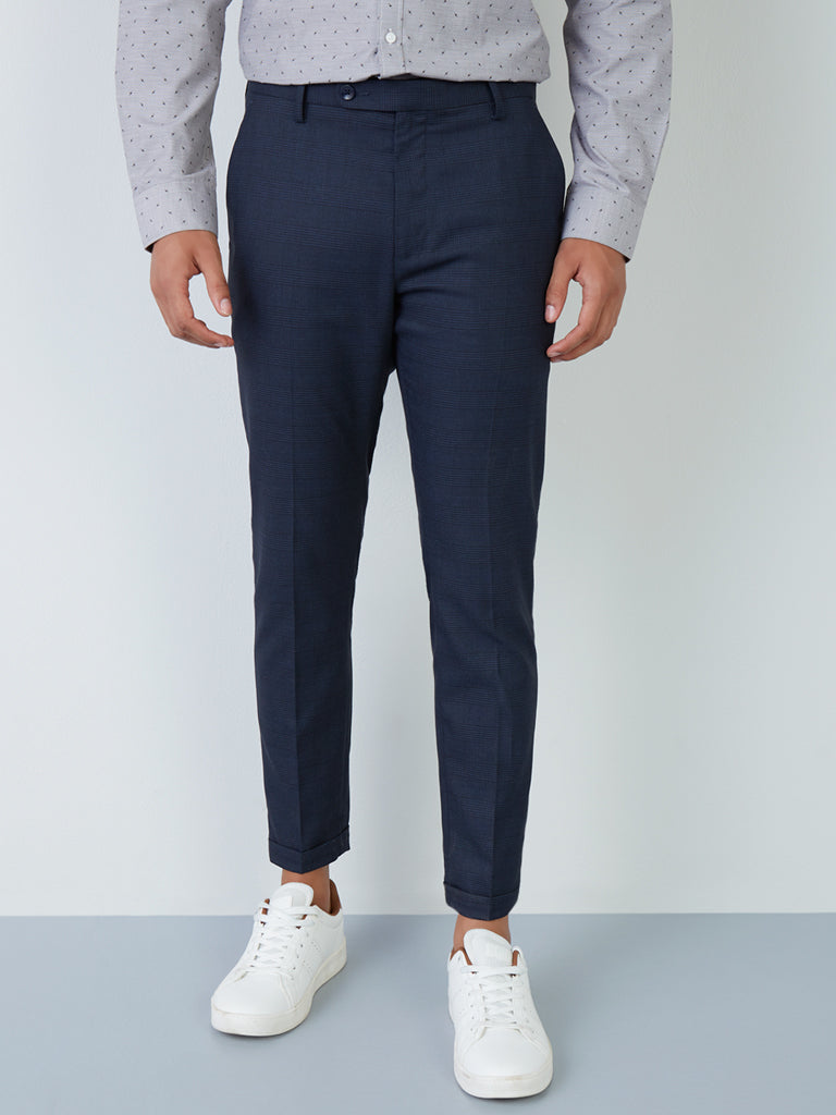 WES Formals Navy Carrot-Fit Checkered Trousers Front View