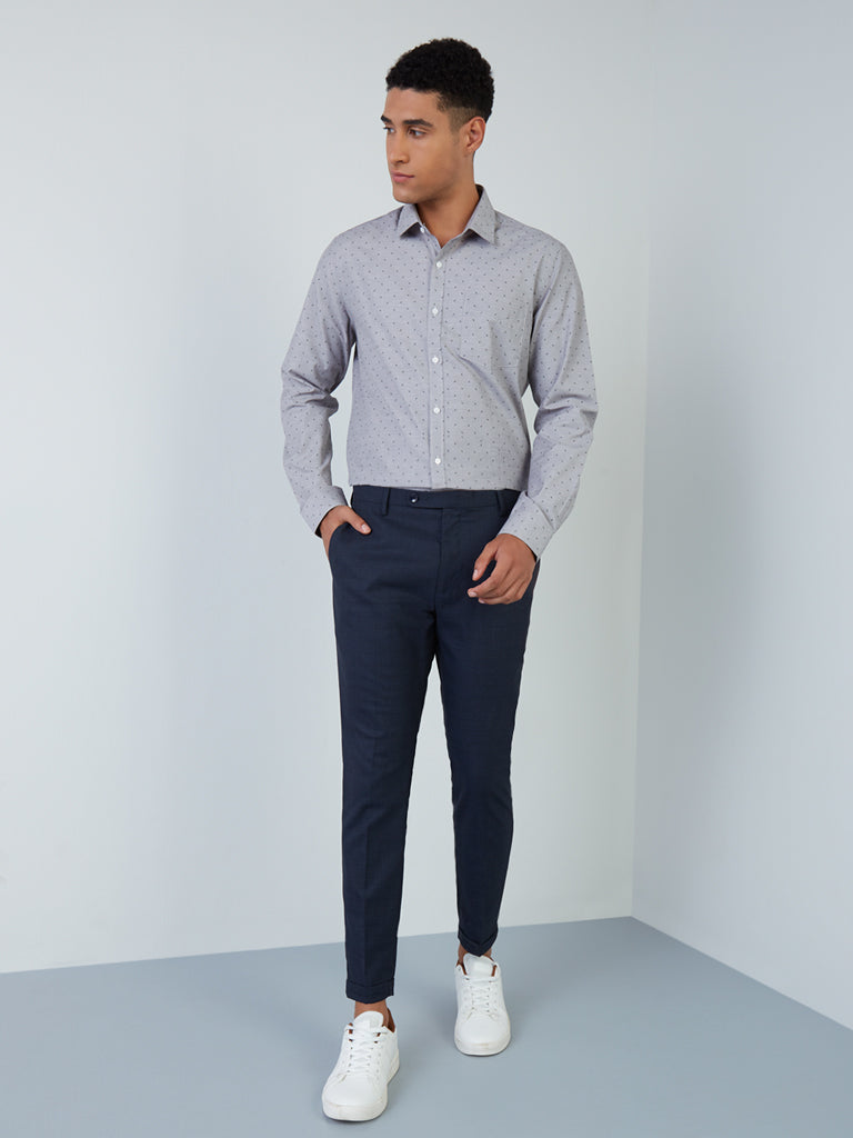 WES Formals Navy Carrot-Fit Checkered Trousers Standing View