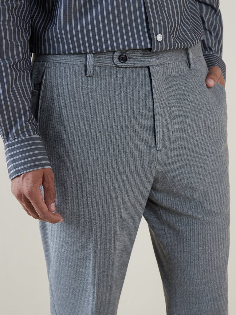 WES Formals Grey Melange Carrot-Fit Trousers