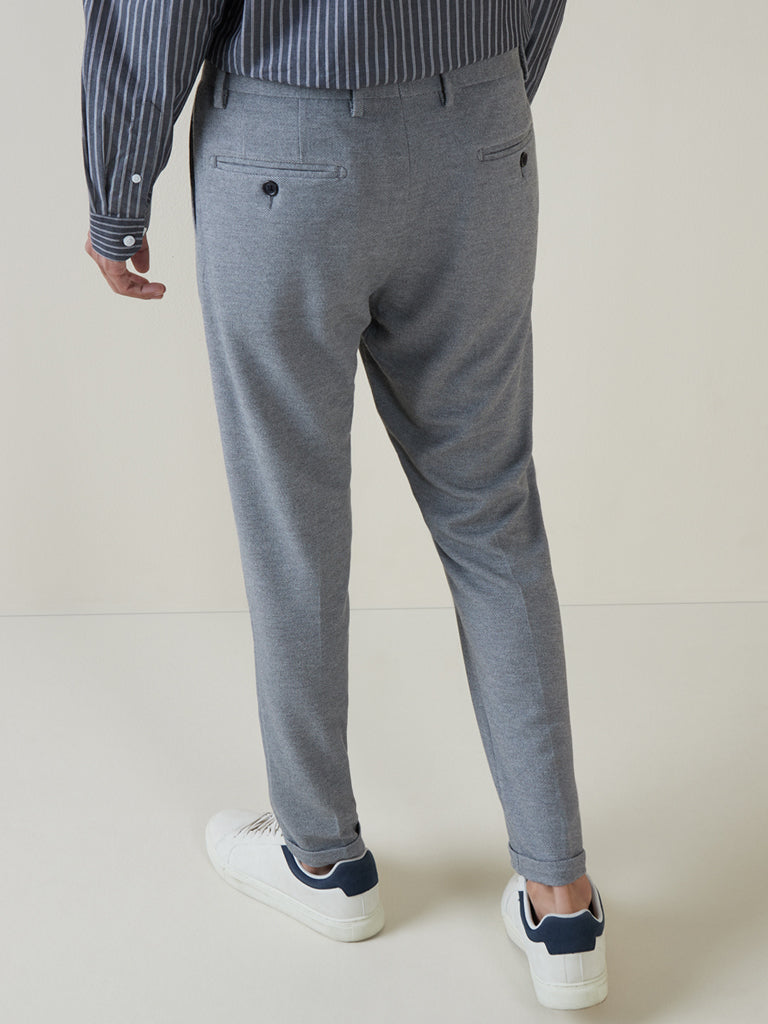 WES Formals Grey Melange Carrot-Fit Trousers