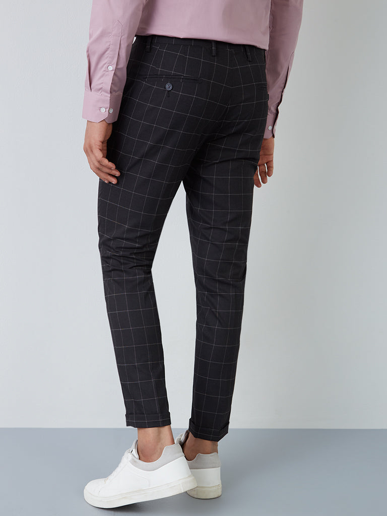 WES Formals Black Checkered Carrot-Fit Trousers