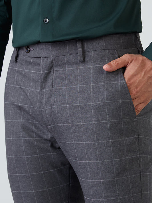 WES Formals Grey Checkered Slim-Fit Mid-Rise Trousers