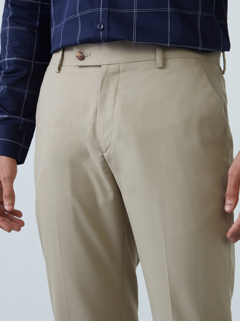 WES Formals Light Khaki Slim-Fit Trousers