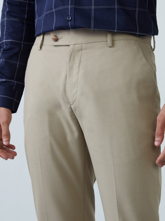 WES Formals Light Khaki Slim-Fit Mid-Rise Trousers