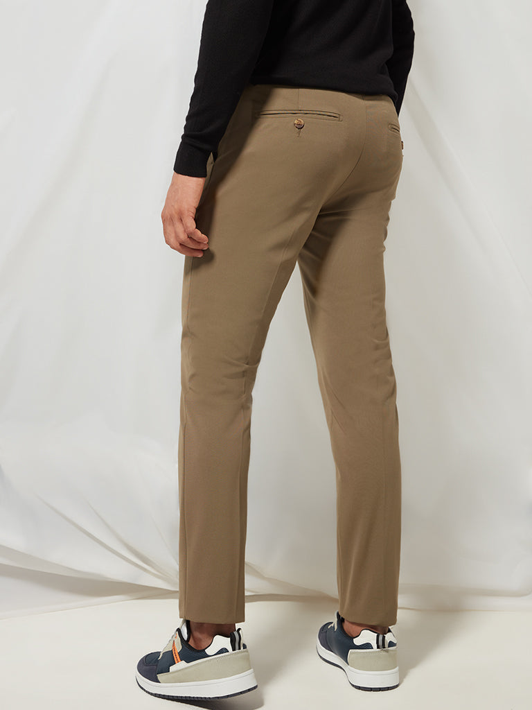 WES Formals Khaki Slim-Fit Mid-Rise Trousers