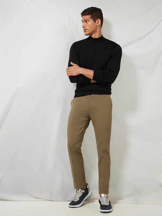 WES Formals Khaki Slim-Fit Mid-Rise Trousers
