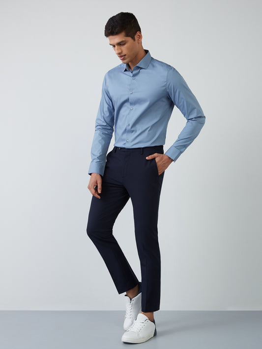 WES Formals Navy Slim-Fit Mid-Rise Trousers