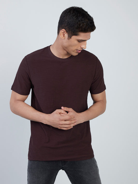 WES Casuals Brown Self-Patterned Cotton Slim-Fit T-Shirt