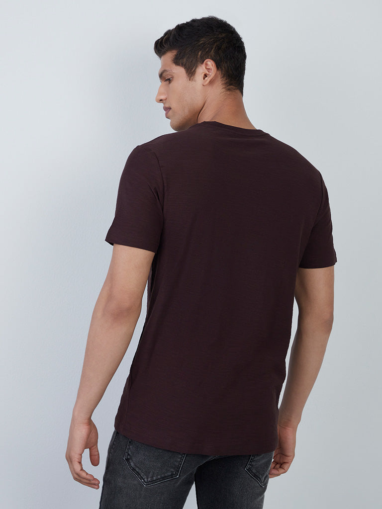 WES Casuals Brown Self-Patterned Slim-Fit T-Shirt