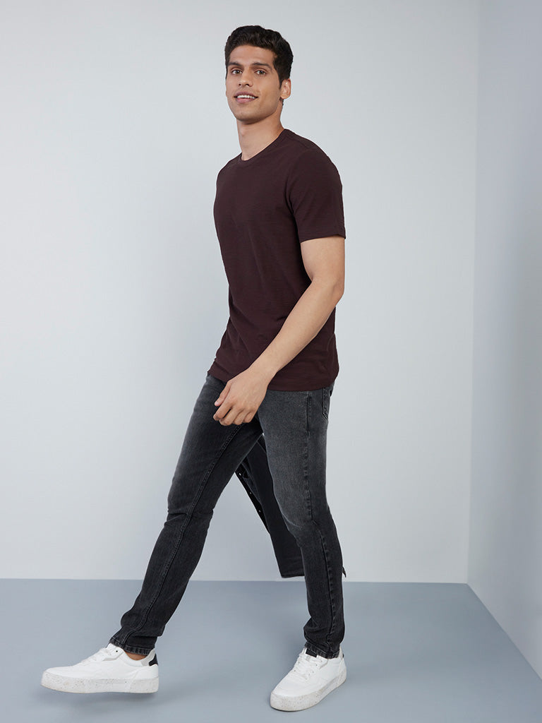 WES Casuals Brown Self-Patterned Slim-Fit T-Shirt