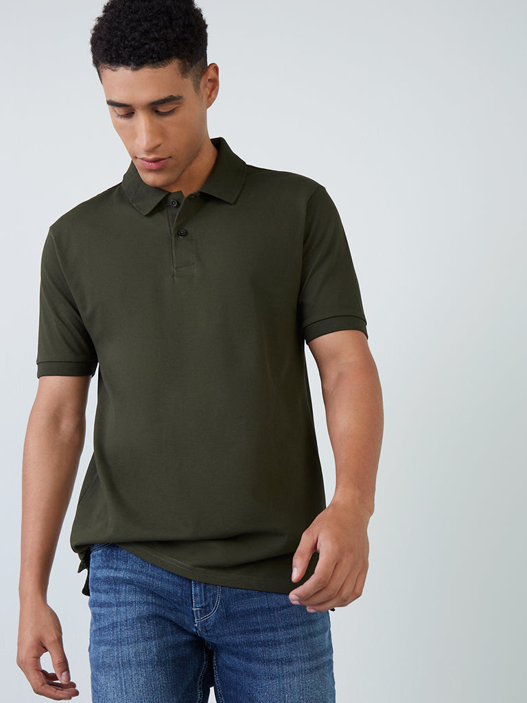 WES Casuals Dark Olive Slim-Fit Polo T-Shirt