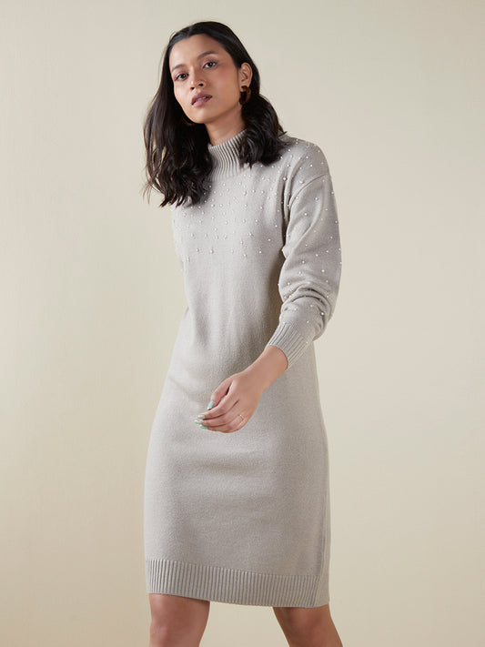 LOV Light Taupe Pearlescent Sweater Dress