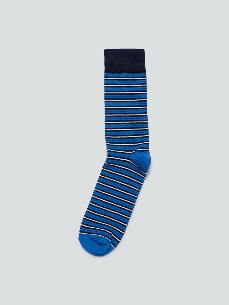 WES Lounge Blue Striped Full Length Socks | Blue Striped Full Length Socks for Men Front View - Westside