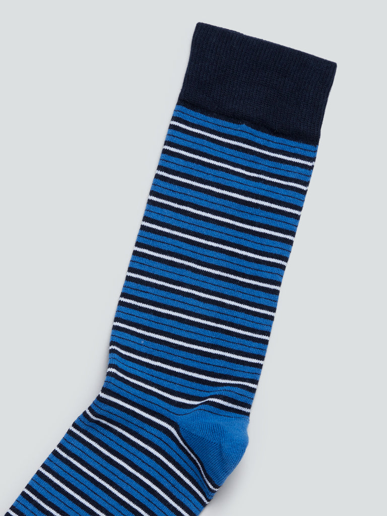 WES Lounge Blue Striped Full Length Socks | Blue Striped Full Length Socks for Men Close Up View - Westside