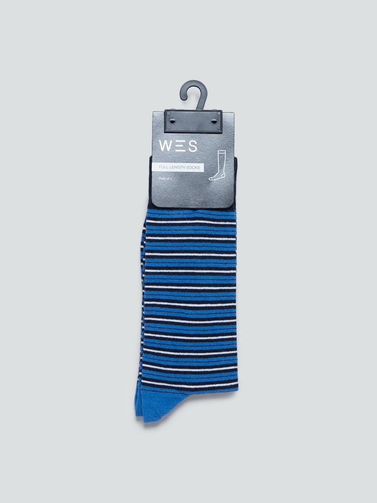 WES Lounge Blue Striped Full Length Socks | Blue Striped Full Length Socks | Blue Striped Full Length Socks for Men Product View - Westside