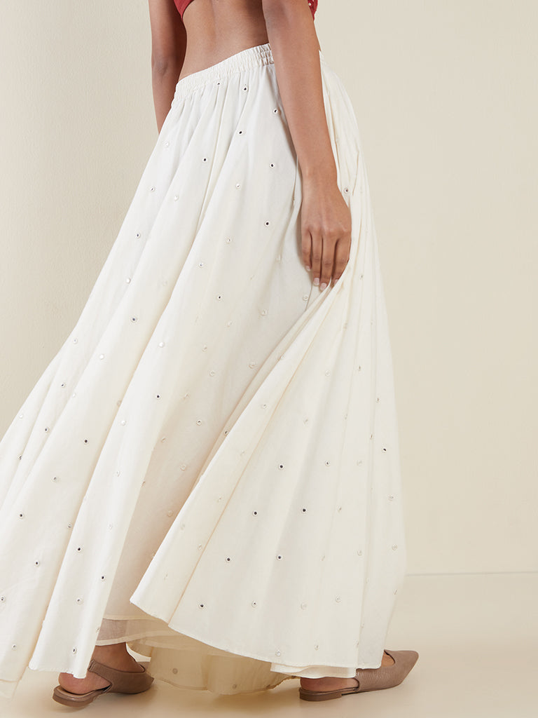 Women Off White Cotton Silk Foil Anarkali Skirt