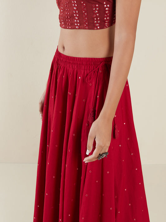 Utsa Red Mirror Detailed Long Skirt