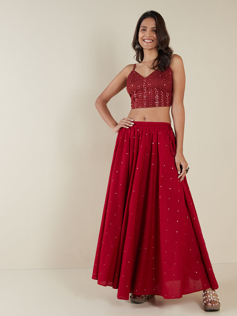 Utsa Red Mirror Detailed Long Cotton Skirt