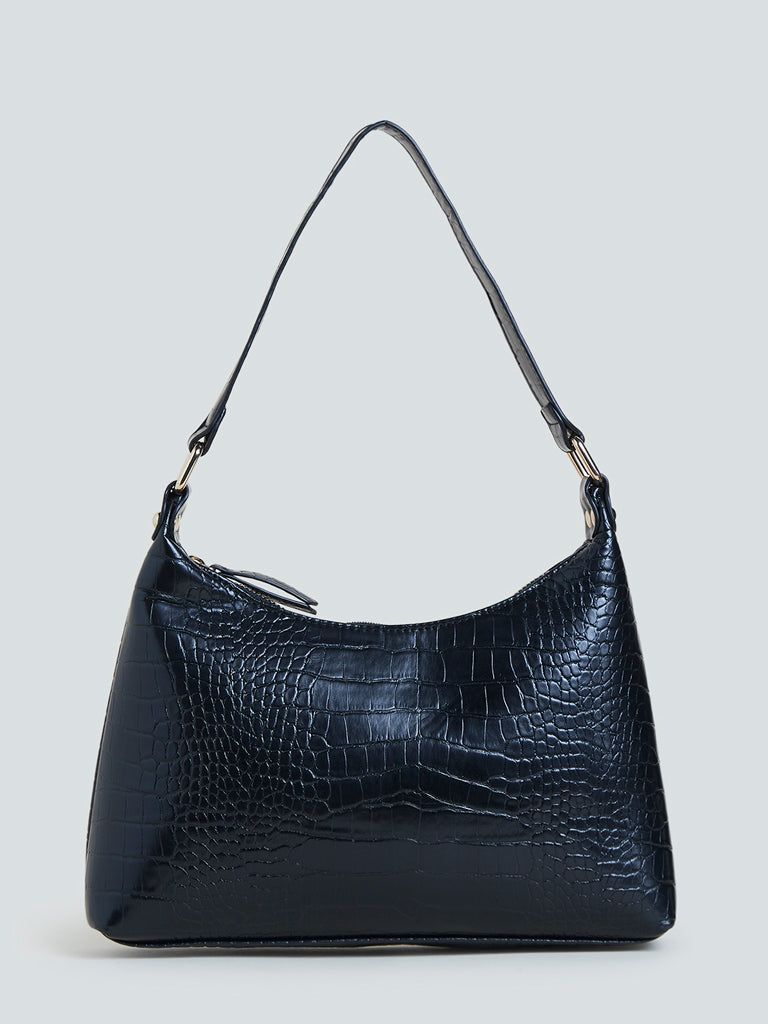 LOV Black Croc-Textured Shoulder Bag