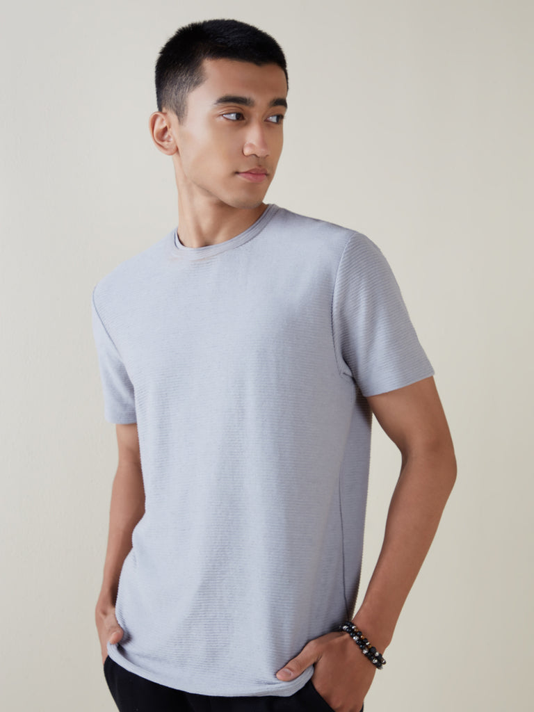 ETA Grey Self-Textured Slim-Fit T-Shirt