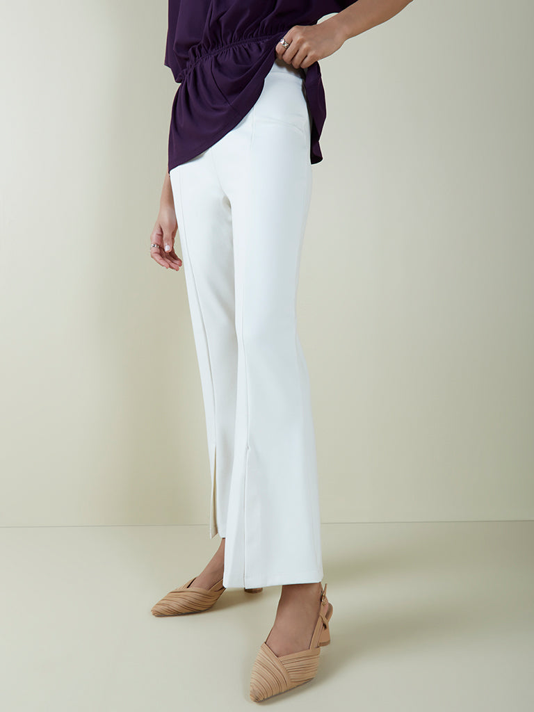 Buy White Wide Legged Stitch Detail Linen Formal Trousers Online   FableStreet