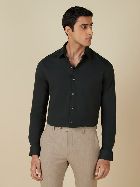 WES Formals Black Self-Patterned Slim-Fit Shirt