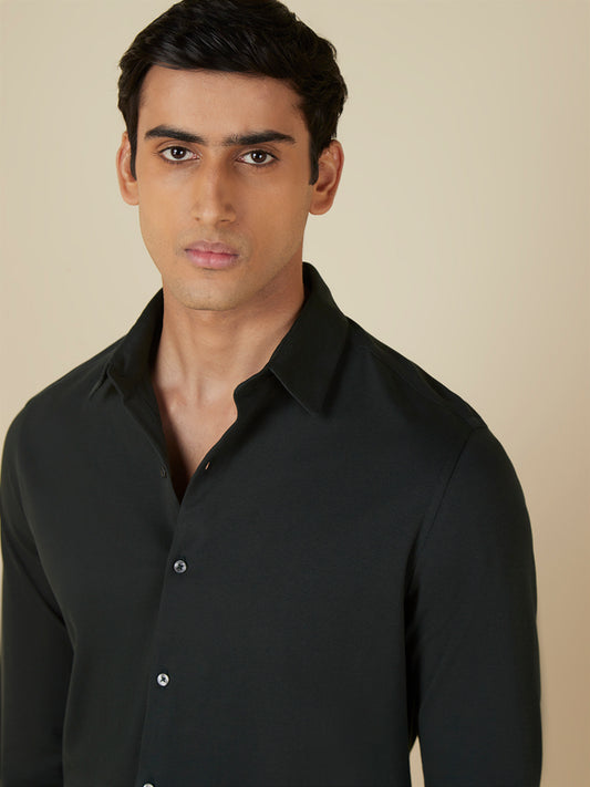 WES Formals Black Self-Patterned Slim-Fit Shirt