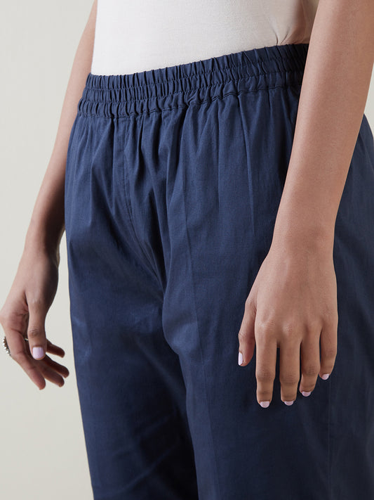 Utsa Indigo Cotton Blend Tapered Cropped Pants