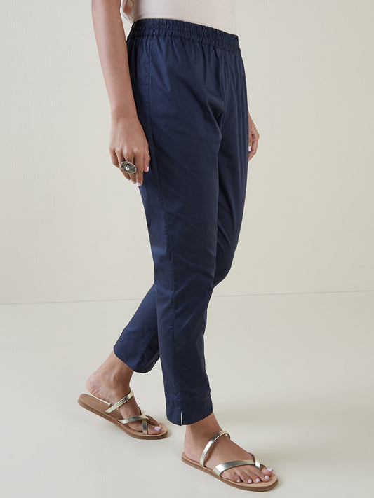 Utsa Indigo Cotton Blend Tapered Cropped Pants