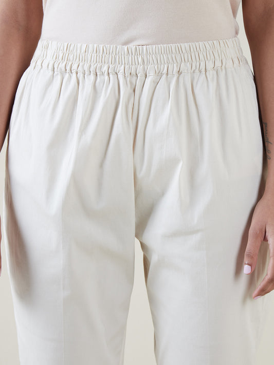 Utsa Off-White Cotton Blend Tapered Cropped Pants