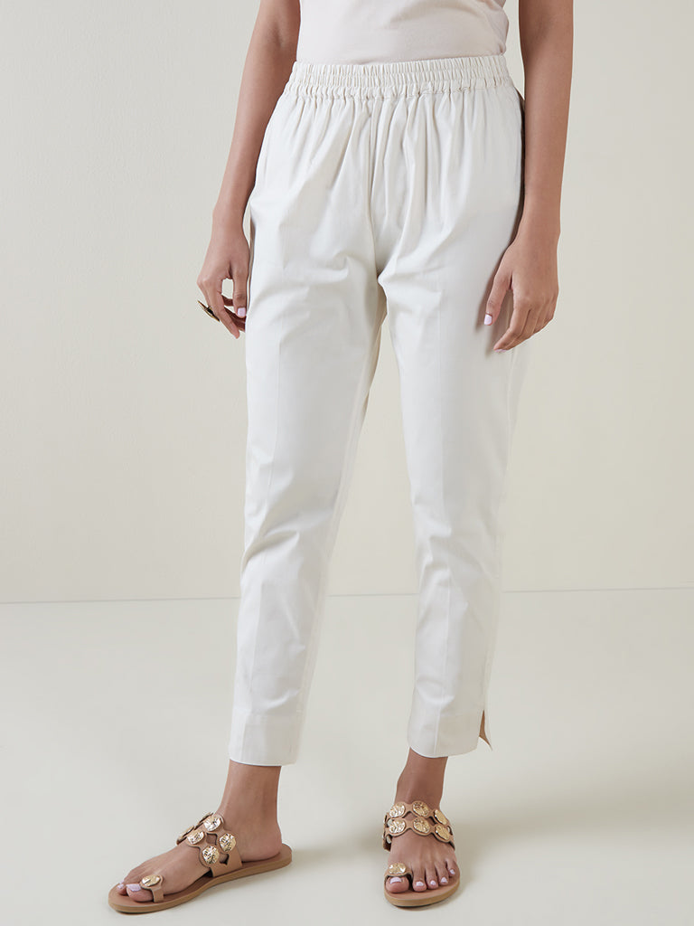 Utsa Off-White Cotton Blend Tapered Cropped Pants