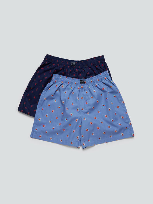 WES Lounge Blue Relaxed-Fit Boxers Pack Of Two