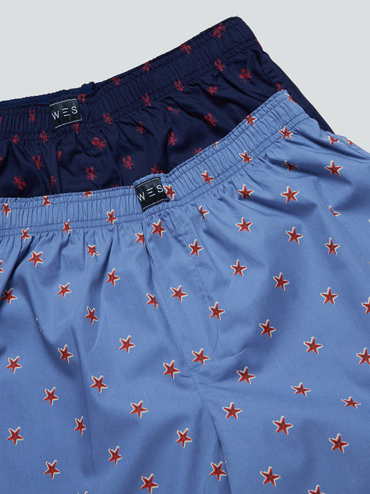 WES Lounge Blue Relaxed-Fit Boxers Pack Of Two