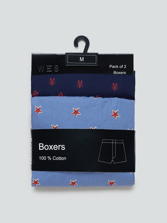 WES Lounge Blue Relaxed-Fit Boxers Pack Of Two