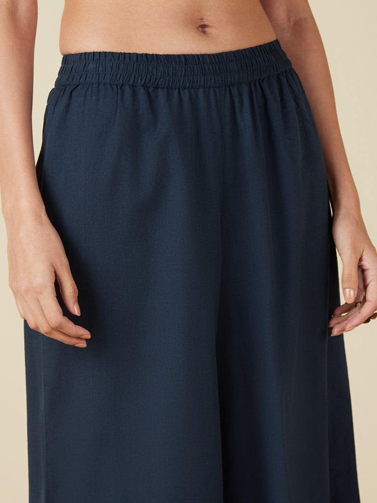Utsa Indigo Crochet-Detailed Flared Palazzos