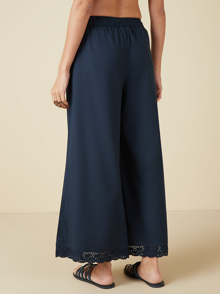 Utsa Indigo Crochet-Detailed Flared Palazzos