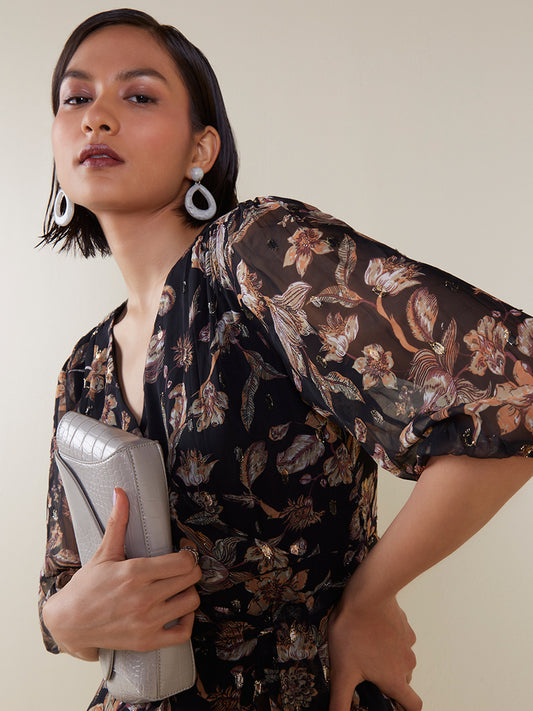 Wardrobe Black Floral Dress With Inner and Belt