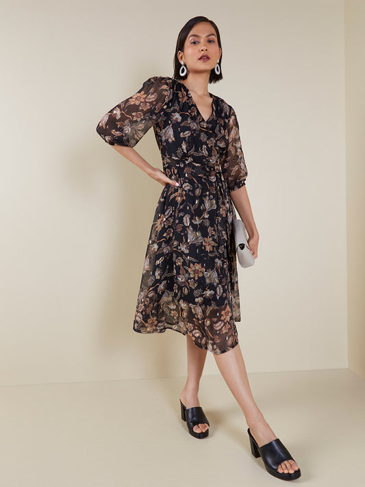 Wardrobe Black Floral Dress With Inner and Belt