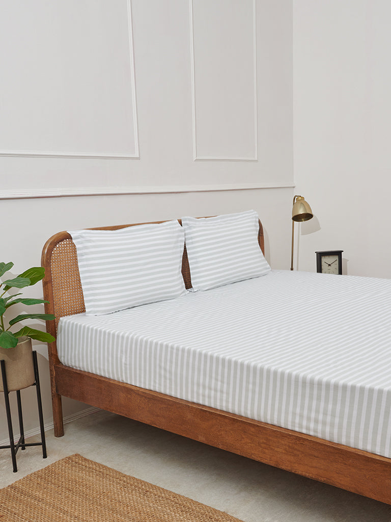 Westside Home Mint Striped Design King Flat Bedsheet and Pillowcover Set