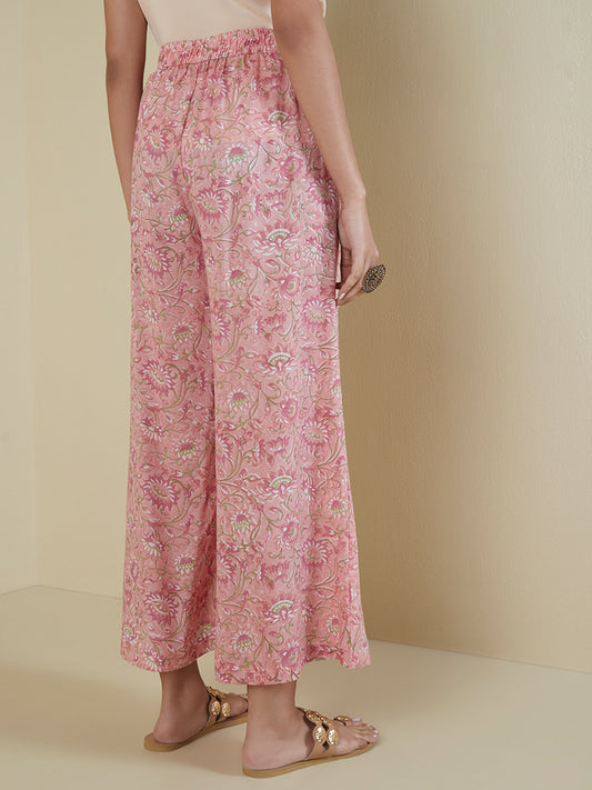 Zuba Light Pink Floral-Printed Flared Palazzos