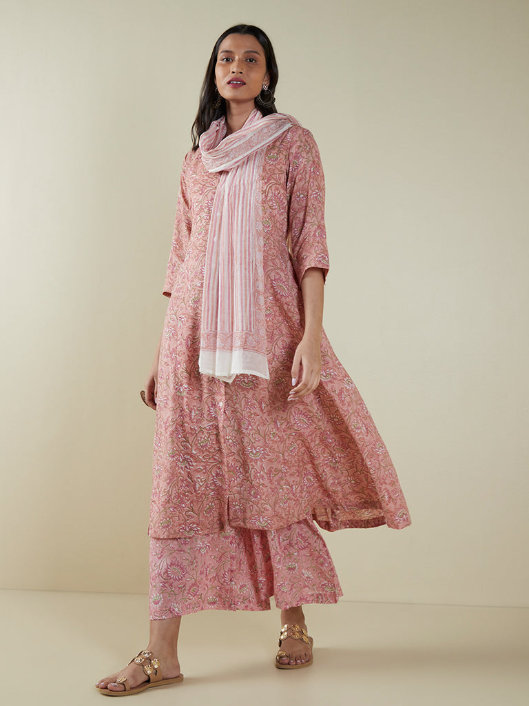 Zuba Light Pink Floral-Printed Flared Palazzos