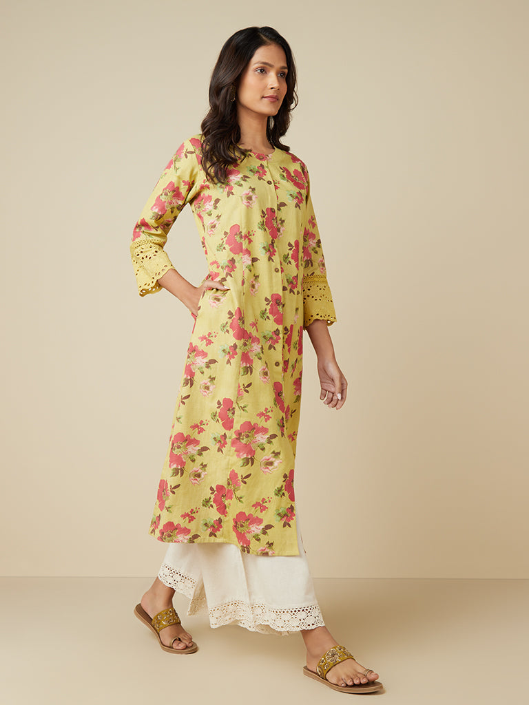 Utsa Yellow Floral A-line Kurta | lupon.gov.ph