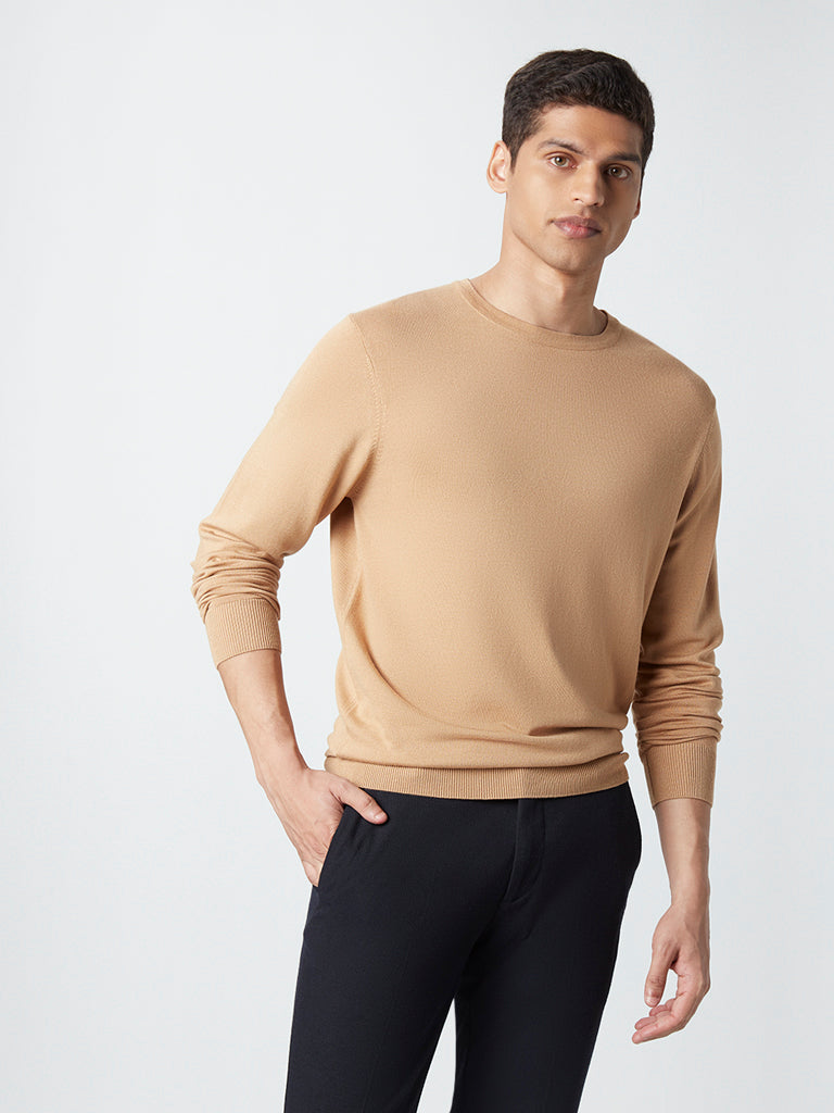 WES Formals Light Brown Knitted Slim-Fit Sweater