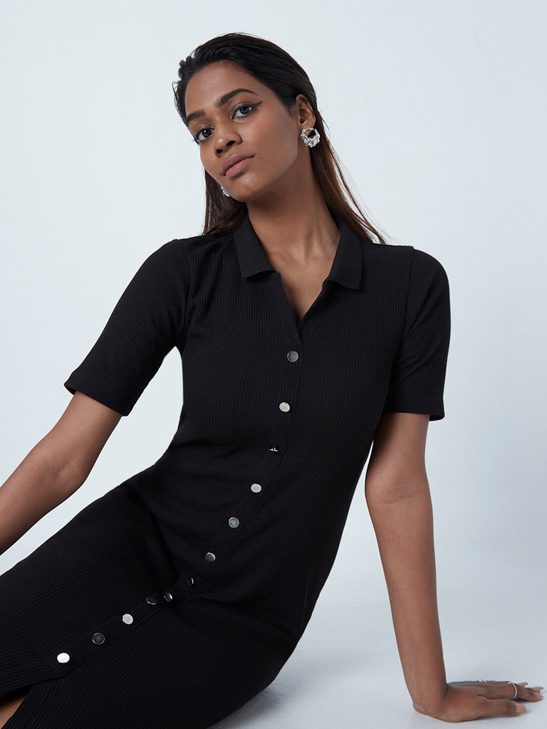 black ribbed dress with buttons Elegant Black Ribbed Knit Dress With Buttons